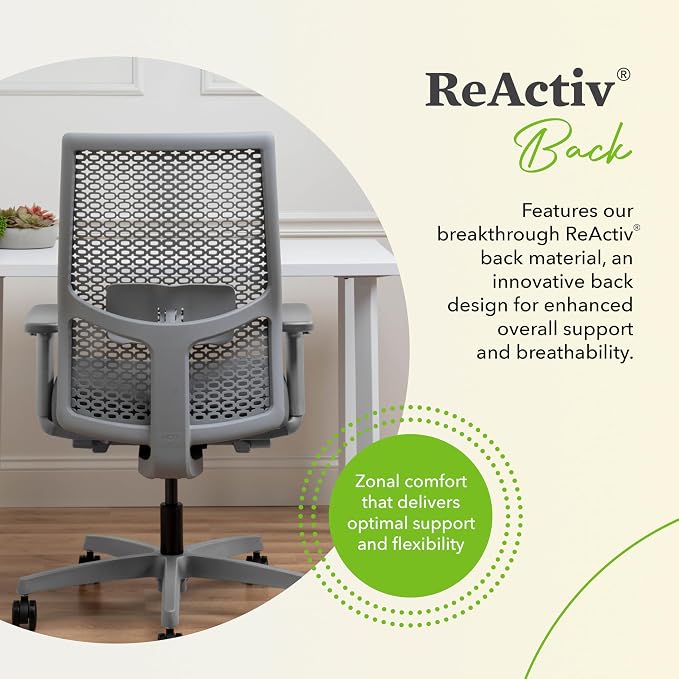 HON Ignition 2.0 ReActiv Ergonomic Office Chair, Mesh Desk Chair with Lumbar Support, Advanced Synchro‑Tilt, Height and Width Adjustable Arms, Swivel Wheels, Titanium Frame, Steel