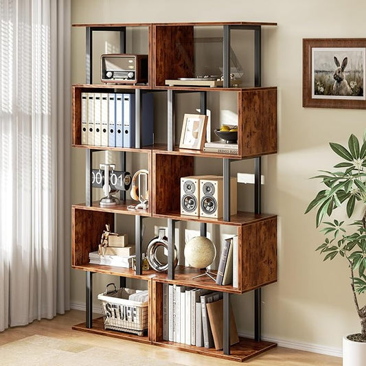 Furologee 6 Tier Bookshelf, Tall S Shaped Geometric Bookcase, Modern Display Shelf Standing Unit, Wood Metal Decorative Divider Rack for Living Room Bedroom Office, Rustic Brown