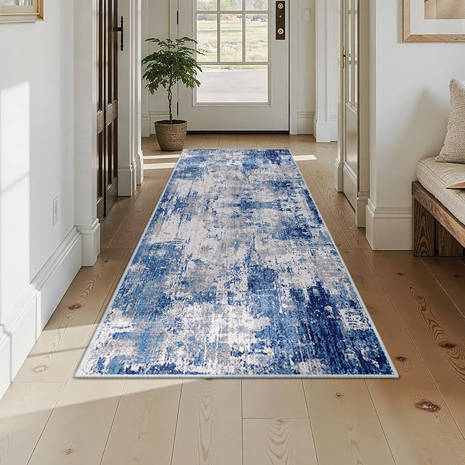 RELEANY Washable Area Rugs 3x8 Non-Slip Modern Abstract Soft for Living Room Entryway Bedroom Kitchen, Print Pattern, Blue Grey Navy Gray