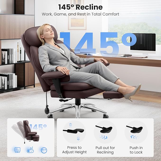 BestGlory Big and Tall Office Chair with Lumbar Support, Executive Leather Computer Desk Chair, Heavy Duty Comfortable Gaming Chair with Double Layer Cushion & Footrest for Home Office Gaming