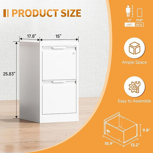 2-Drawer Metal File Cabinet with 1 Lockable Drawer,Steel Printer Stand with Storage for Home Office,Vertical Filing Cabinet for Legal/Letter/A4 Files,Assembly Required(15''W-2 Drawers,White)