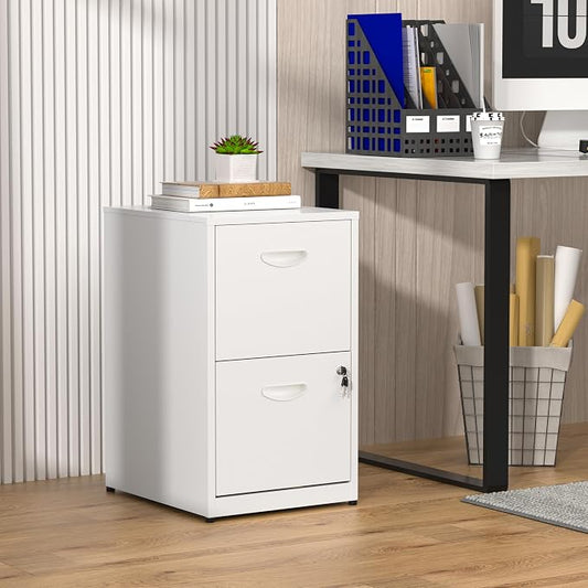 2 Drawer File Cabinet with Lock,White Small Filing Cabinet for Home Office, Metal Vertical File Under Desk Cabinets for A4/Letter,Assembly Required