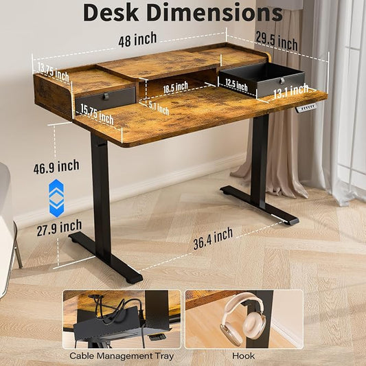 Kingant 48 x 30 Inch Electric Standing Desk with Dual Drawers, Adjustable Height Computer Desk for Home Office, Large Workstation Sit Stand Up Desk with Built-in Storage Shelf, Rustic Brown