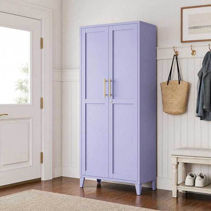 Metal Storage Cabinet with Lock,Purple Steel Tool Cabinet with 3 Adjustable Shelves,61 Tall Freestanding Heavy Duty Garage Locker for Laundry Living Room Bedroom