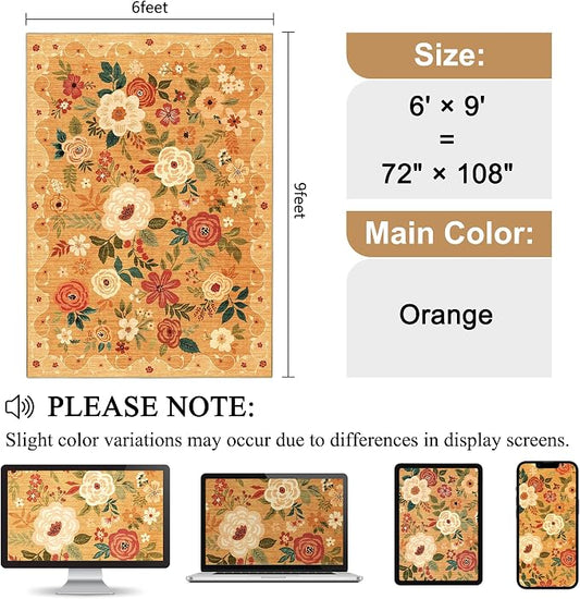 DUKINO 6x9 Area Rug, Floral Rugs for Living Room, Lightweight Non Slip Washable Rug, Indoor Low Pile & Non-Shedding Boho Design Rugs for Bedroom, Living Room, Dining Room, Orange