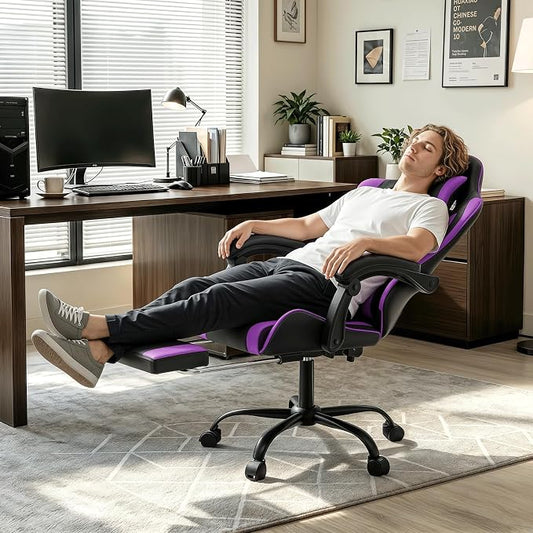 Gaming Chair, Ergonomic Computer Chairs with Arms, Lumbar Support, Footrest, Headrest 360°Swivel Chair, Adjustable Back and Height, Leather PC Chairs for Gaming, Study, Office, Black/Purple