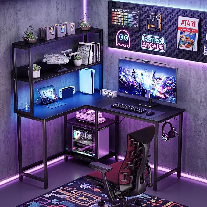 OLIXIS 43 in L Shaped Desk Computer Gaming Desk with Power Outlets & LED Lights, Reversible Corner Home Office Table with Adjustable Shelf & CPU Stand, Black