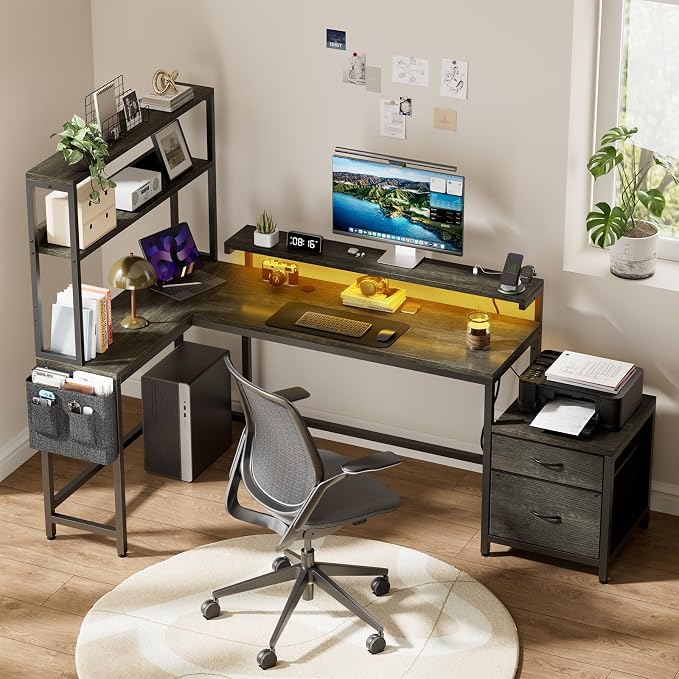 REAHOME 70 Inch L Shaped Desk with File Drawers and Reversible Storage Shelves, Computer Desk with Power Outlet & LED Strip, Home Office Desks, Bookshelf Desk, Writing Study Desk for Bedroom, Grey Oak