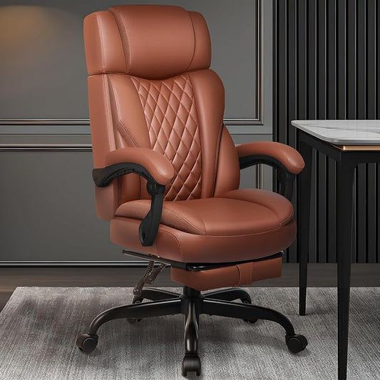 Executive Leather Office Chair, Big and Tall Office Chair with Footrest Home Office Desk Chairs, Ergonomic Computer Desk Chair with Lumbar Support, Reclining Desk Chair with Adjustable Angle