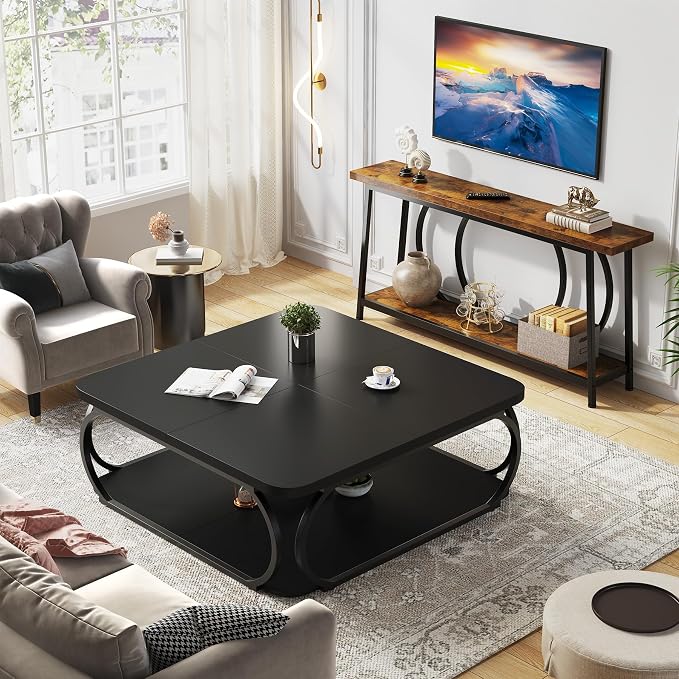 Tribesigns Square Coffee Table with Open Storage Shelf for Living Room, 39 Inch Large Wood Center Table 2 Tier Low Coffee Tables Farmhouse Tea Table with Metal Frame for Home Office, Black