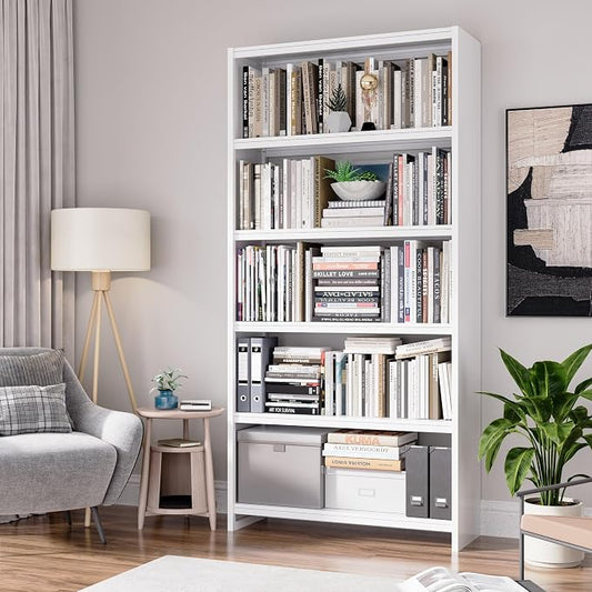 69" Tall Bookcase, 5-Tier Wide Bookshelf, Library Book Case with Display Shelf, Lightweight Metal Bookshelves, Industrial Book Shelf for Home, Office, Library, and School (White)