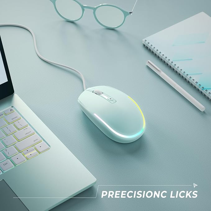seenda Wired Mouse - USB Computer Mice Wired with RGB Backlit Optical LED Mouse with Attached USB Cord for Laptops Notebooks Chromebook - Mint Green