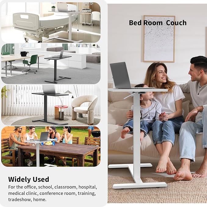 Gibbon Mounts Mobile Standing Desk, 32Inch Pneumatic Adjustable Rolling Desk, Portable Laptop Desk with Wheels, Overbed Bedside Table Laptop Table for Couch, Home, Office, White