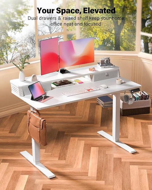 FiCiHi 55x24 Inch Standing Desk with Drawers, C-Clamp Mount Compatible, Electric Adjustable Height Computer Stand Up Desks, Home Office Sit Stand Table with 3 Preset Heights, White