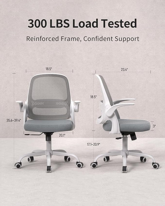 Ergonomic Mesh Office Chair with Flip-Up Arms, Adjustable Height, Breathable Mesh Back & Thick Cushion Seat, 360° Swivel Rolling Computer Desk Chair, BIFMA Certified, Supports 302 lbs(Gray)