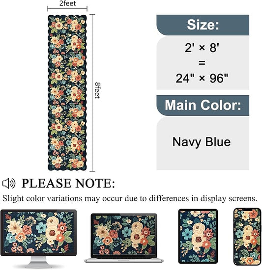 DUKINO 2x8 Washable Runner Rug, Lightweight Soft Floral Hallway Rug Runner with Low Pile Design, Non Shedding & Non Slip Backing Thin Indoor Carpet for Bedroom, Bathroom, Entrance, Kitchen, Navy Blue