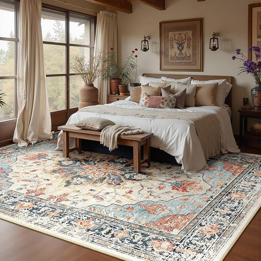 RELEANY Area Rugs 6'x9' Washable Non-Slip, Floral Vintage Distress Medallion Carpet for Living Room Bedroom Dining Room, Beige Navy Blue Orange Colorful