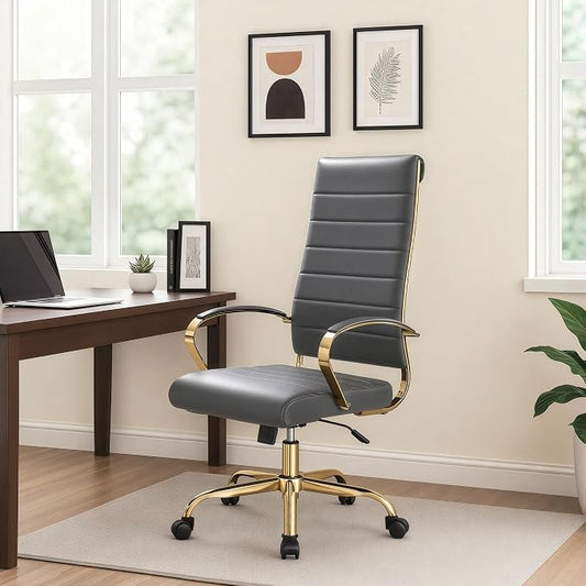 LeisureMod Modern High-Back Leather Office Chair - Swivel & Adjustable Executive Desk Chair with Gold Frame, Ergonomic Design for Home & Office (Grey, Set of 8)
