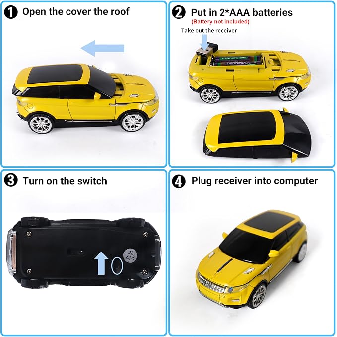 Car Mouse Mini Small Cool SUV Car Shaped Wireless Mouse Portable 2.4GHz Optical Cordless Mice with USB Receiver 3 Buttons for Office School Travel for Laptop PC Desktop Computer Gift ( Yellow-1 Pack)