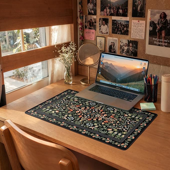 iCasso Aesthetic Flower Mouse pad for Laptop, Desk Pad Mat, Vintage Desk Matt for Desktop 13.7"x23.6", Anti-Slip Mousepad with Stitched Edges for Laptop Computer Keyboard(Black)