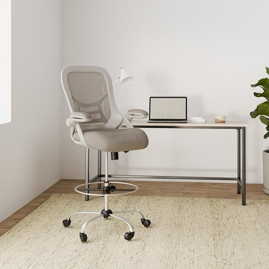 HYLONE Drafting Chair, Tall Office Chair Standing Desk Stool with Adjustable Foot Ring, Flip-Up Arms, Mesh High-Back Drafting Table Chair, White & Grey