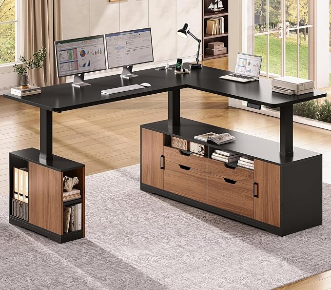 SEDETA L Shaped Electric Standing Desk, 69" x 55" Height Adjustable Office Executive Desk with 4 Drawers and Storage Shelves, Fluted Sit Stand Computer Desk with Power Outlet (Modern Black+ Brown)