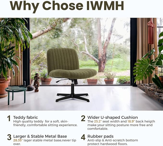 IWMH Criss Cross Chair, Cross Legged Office Chairs no Wheels, Armless Wide Seat Desk Chair with Adjustable Height for Home, Vanity, Bedroom (Green)