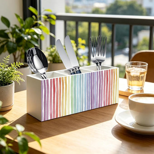 Boho Rainbow Striped Pen Pencil Holder Organizer for Office Classroom Desk Decor Accessories, Watercolor Colorful Rainbow Wood Signs Makeup Brush Toothbrush Holder for Bathroom Vanity