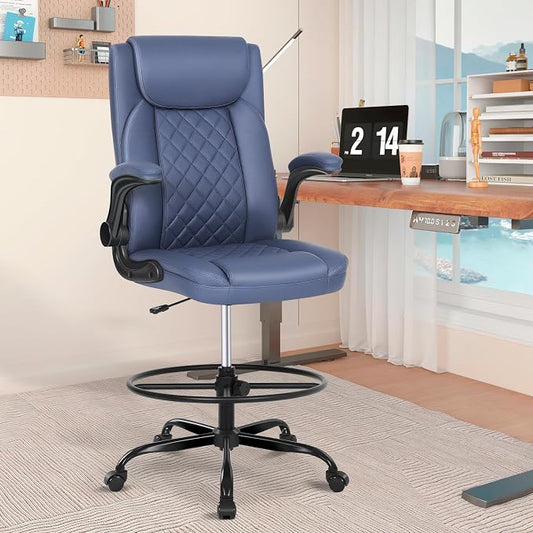 Misolant Drafting Chair with Footrest Ring, Tall Office Chair for Standing Desk, Standing Chair with Adjustable Height and Flip-up Armrest, PU Leather High