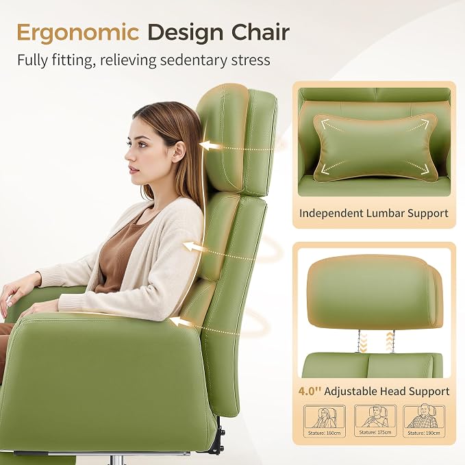 Big and Tall Office Chair 500LBS, Ergonomic High Back Leather Executive Chair, Reclining Swivel with Adjustable Armrests Lumbar Support Footrest, Cross Legged, Green