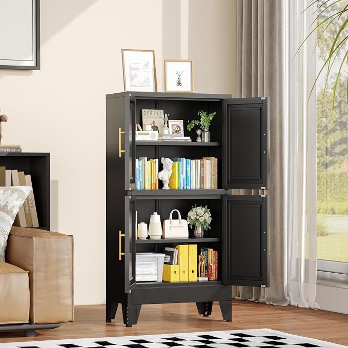 pozdeg Metal Storage Cabinet, 47.2" H Pantry Kitchen Storage Cabinets with 4 Doors and 2 Adjustable Shelves, Versatile Buffet Sideboards Cupboard for Home Office Garage or Gym (Black)