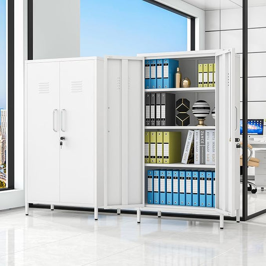 pozdeg 47.24" Metal Storage Locker with Lockable, Employees Metal Steel Locker with 2 Door & 3 Adjustable Shelves, Small Locker Storage Cabinets for Home, School, Office, Gym (White)