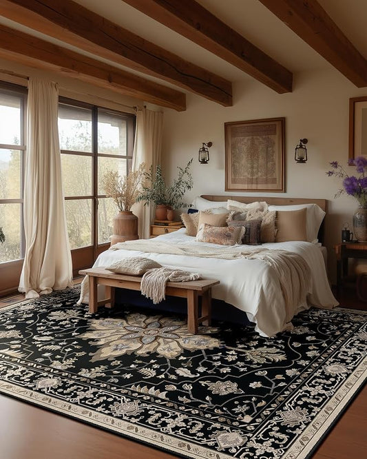 RELEANY Area Rugs Large 10'x14' Washable Non-Slip, Floral Vintage Distress Medallion Carpet for Living Room Bedroom Dining Room, Black Brown Neutral Dark Tan