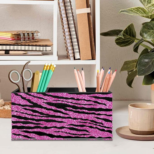 DILSJ Hot Pink Zebra Print Pen Pencil Holder Organizer for Desk, Mcbling Room Decor, Y2k Decor Mcbling Wooden Box Signs for Home Office Desk Tabletop Decoration