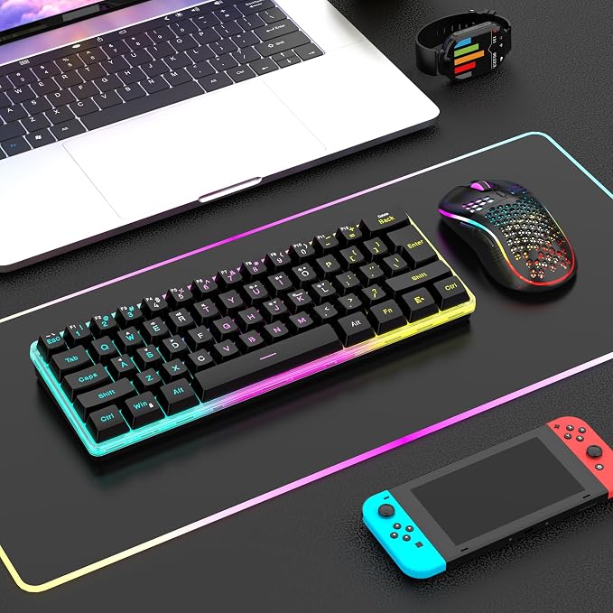 RedThunder 60% Wireless Gaming Keyboard and Mouse Combo, 2500mAh Rechargeable Battery, Ultra-Compact Small RGB Mechanical Feel Keyboard, Lightweight Honeycomb Optical Mouse for Gaming/Business, Black