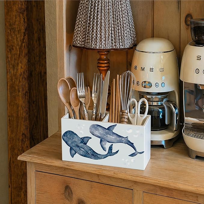 Whale Shark Beach Pen Pencil Holder for Desk Blue Whale Shark Gifts,Coastal Ocean Marine Biology Wooden Box Sign Decorations for Home Office Desk Tabletop,Beach Office Decor,