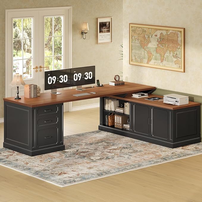 SEDETA Farmhouse L Shaped Desk with Drawers, 70.9" Home Office Desk with Storage Cabinet and Storage Shelves, L Shaped Computer Desk with Power Outlet,Black+Brown