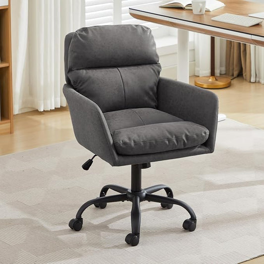 YITAI Adjustable Home Office Desk Chair with Comfy Square Mid-Back, Faux Leather 360 Swivel Upholstered Task Armchair with Wheels for Vanity Bedroom/Living Room,Study Gray