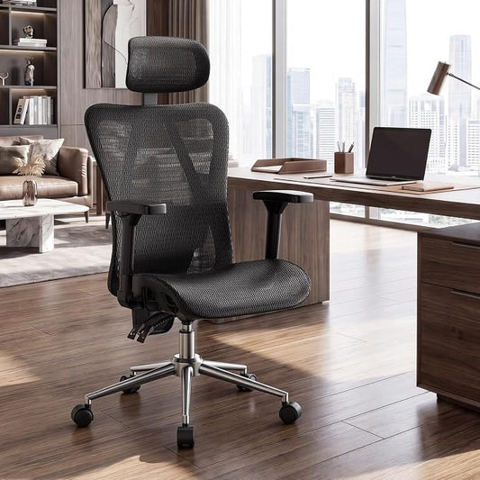 naspaluro Ergonomic Office Chair Mesh Desk Chair with Adjustable Headrest Lumbar Support 3D Armrest 90-135° Reclining Chairs for Home Office, Study, Work & Gaming (Black)