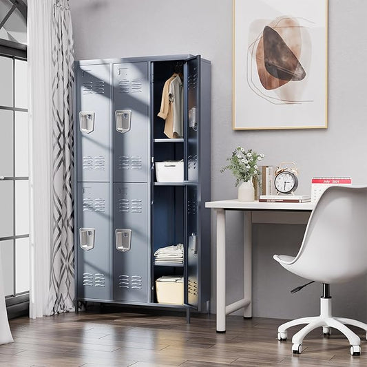 6 Door Metal Lockers for Employees,6 Heavy-Duty Hooks,72" Secure Storage for Home,Offices,Schools & Gyms | Gray