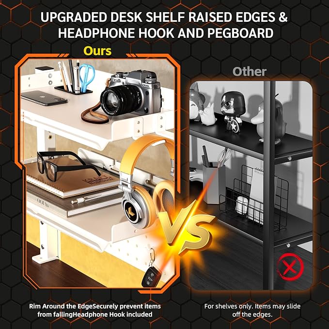 2-Tier Steel Clamp On Desk Shelf, Adjustable 16 inch Desk Storage Shelves with Pegboard and Pencil Holder,Above or Under Heavy Duty Desktop Organizer with Headphone Holder for Desk Accessories (White)