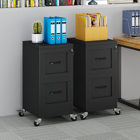 Small Metal 2-Drawer File Cabinet, Under Desk Office Cabinet, Black | Rolling, Locking, Adjustable Hanging Rail, Fit A4, FC, Letter, Hanging File Folders for Home Office Storage Organization, 2PS