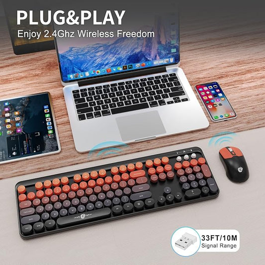 Wireless Keyboard and Mouse Combo, 2.4 GHz Wireless Full-Sized Typewriter Keyboard with Round Keycaps for Windows, Computer, Desktop, PC, Laptop (BlackOrange)