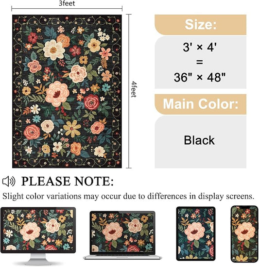 DUKINO 3x4 Area Rug, Lightweight Non Slip Washable Floral Rug, Indoor Low Pile & Non-Shedding Boho Design Carpets for Bedroom, Kitchen, Dining Room, Black