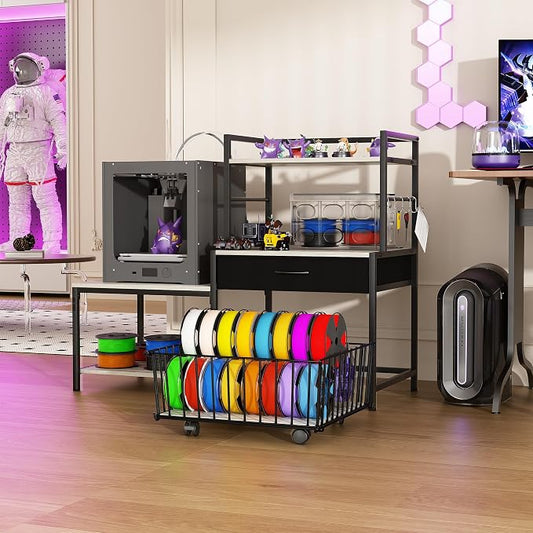 Saudism 3D Printer Stand with Storage Drawer and Rolling Filament Basket, Industrial Printer Table with Open Shelves and Hooks, Sturdy Metal Workstation for 3D Printing Tools and Accessories, Gray