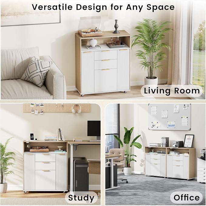 ModernMate Fluted Mobile Office File Cabinet with 3 Drawers, 37" Rolling Storage Cabinet with Charging Station, Small Printer Stand for Home Office, Light Walnut