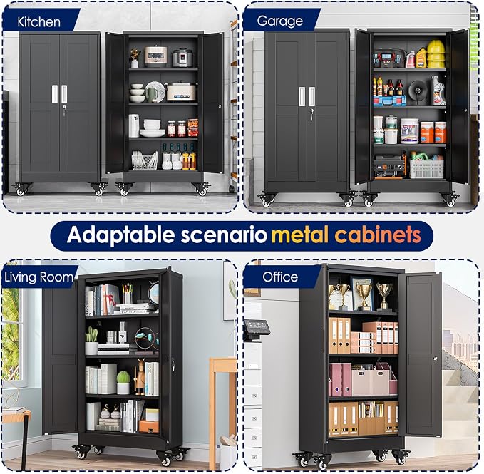 erosoei 45.6"H Metal Garage Storage Cabinet, Rolling Tool Cabinet with 2 Doors and Wheels, Locker Steel Cabinet with 3 Adjustable Shelves, Organization Cabinet for Garage,Office,Home,Gym,School(Black)