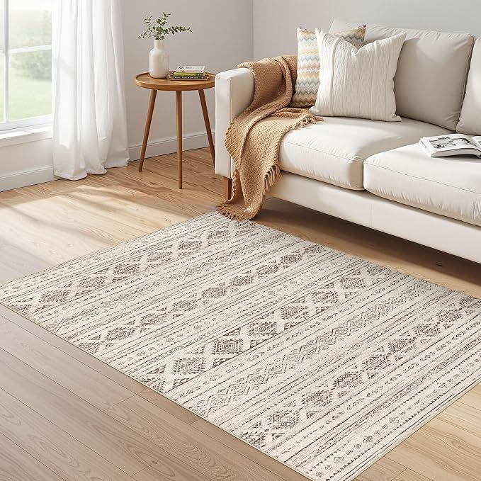 Nakagishi Area Rug Living Room Rugs: 4x6 Soft Machine Washable Boho Neutral Farmhouse Stain Resistant Moroccan Indoor Floor Carpet for Bedroom Nursery Kids Entryway Kitchen Bedside Home- Dark Brown