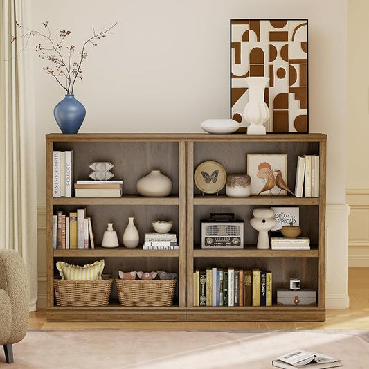 blini Wooden Bookshelf and Bookcase 3 Tier Double Wide Large Bookshelves Vintage Oak Wood Bookshelf with Storage Cabinets for Living Room, Home Office, Library (Vintage Oak, 3-Shelf)