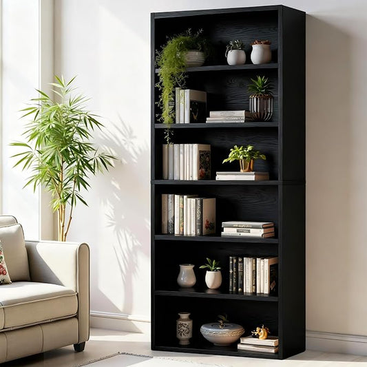 Sweetcrispy 6-Tier Bookcase, 63 Inch Tall Open Bookshelf, Freestanding Wood Book Case, Storage Shelves for Bedroom, Modern Display Bookshelf for Home Office Living Room,Black